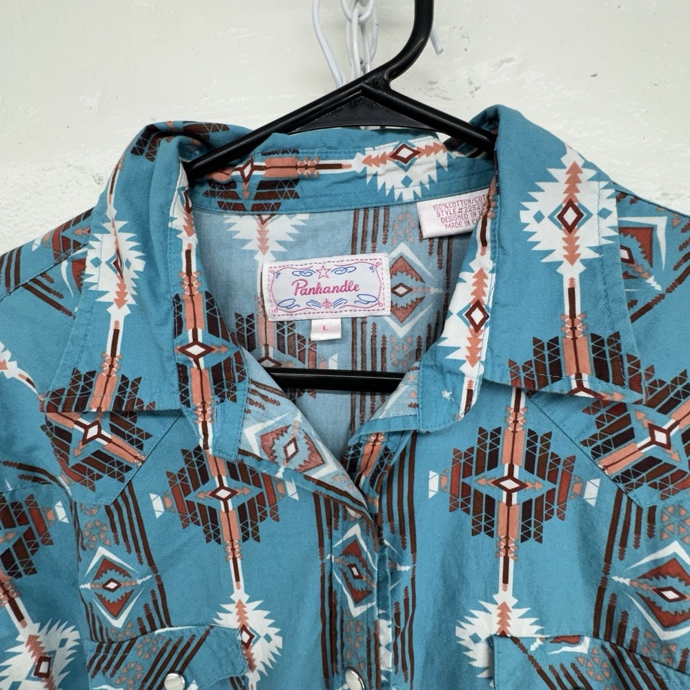 Panhandle Turquoise Shirt Womens Size Lg Blue Turquoise Aztec Pearl Snap Western - Picture 2 of 6